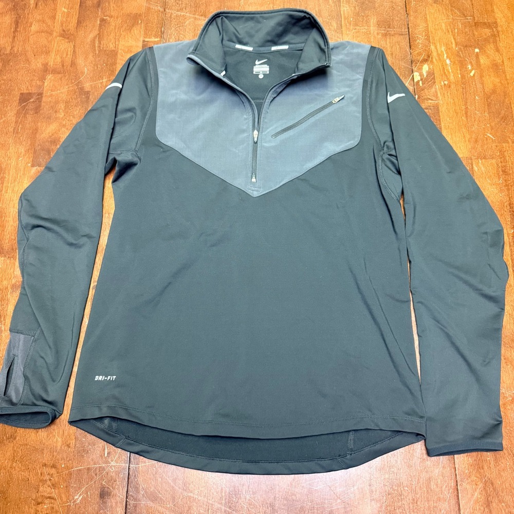 Nike Dri-FIT Running Half Zip Pullover Womens M Black Grey 502902-010 Thumbholes